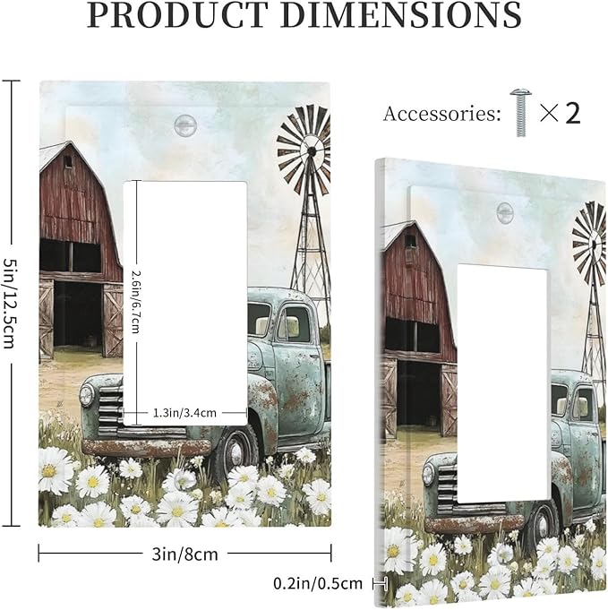 Retro Trucks Old Barn Windmill Teal Car Rustic Decorative Outlet Covers 1 Gang Single Rocker Light Switch Cover Plate Wall Plates GFCI Faceplate for Farmhouse Home Decor