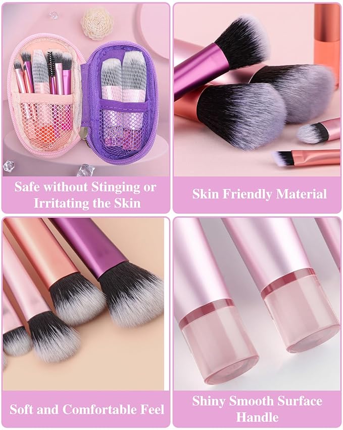 PGRODE Mini Travel Makeup Brushes Set, 14 Pieces, Portable Full Complete Function Cosmetic Kit with Brush Pouch, On the Go Short Makeup Brush Small Travel Essentials for Kids, Women, Girls (Colorful)