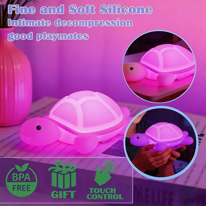 Turtle Night Light, Sea Turtle Gifts, Cute Soft Silicone Squishy LED Lamp with 7 RGB Colors, Dimmable, Timer, Touch Control, Kids' Bedroom Decor