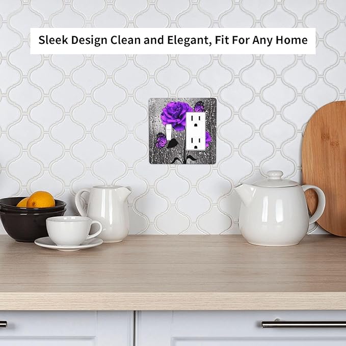 Romantic Purple Butterfly Rose Flower 2 Gang Single Toggle/Decorator Combination Light Switch Cover Decorative Combo 1-Toggle/1-GFCI/Rocker Wall Plate Cover