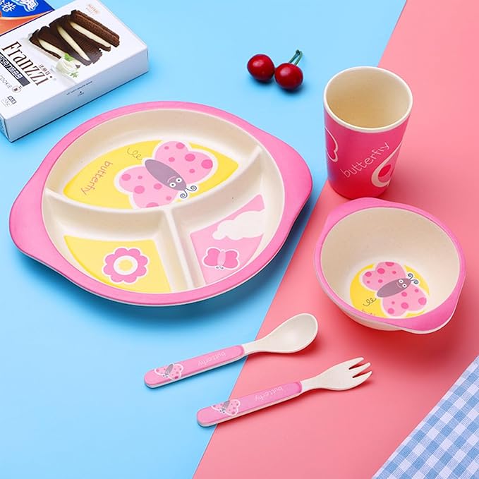 Kids Dinnerware Set, 5-Piece Mealtime Tableware for Children & Toddlers – Includes Divided Plate, Bowl, Cup, Fork & Spoon – Natural Bamboo Fiber, BPA-Free, Dishwasher Safe (Butterfly)