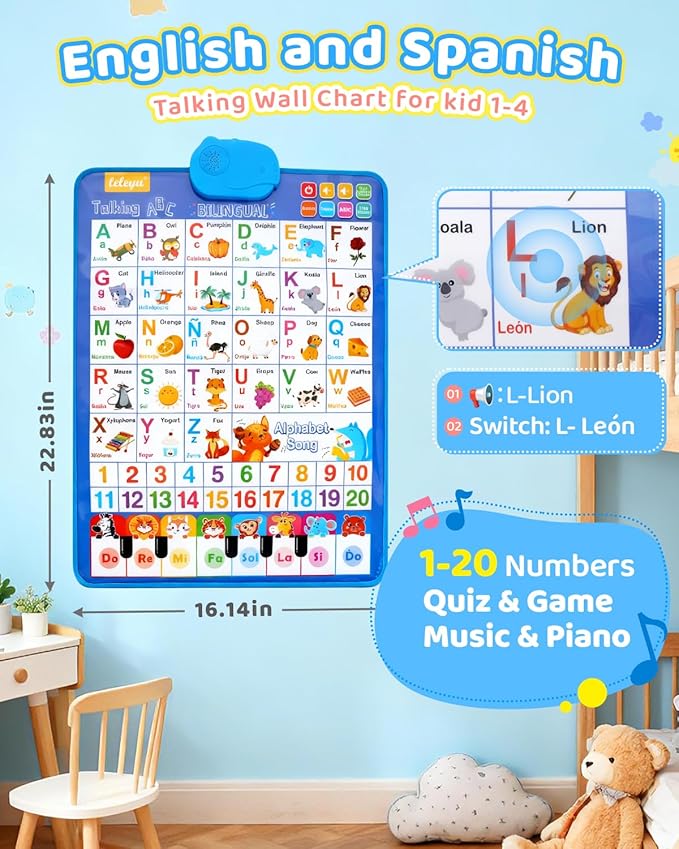 Spanish Alphabet Talking Wall Chart for Toddlers 1-6, Bilingual Learning Poster with English Translation, ABC 123 Learning Poster, Interactive Musical Toy, Educational Gift for Kids 3+ & Autism