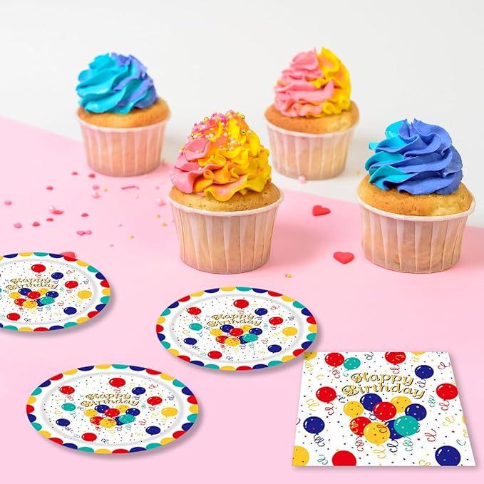 41Pcs Birthday Party Decorations Happy Birthday Colorful Balloons Disposable Paper Plates Napkins Tablecloth for Kid's Birthday Party Baby Shower Rainbow Multicolor Balloons Decor Supplies
