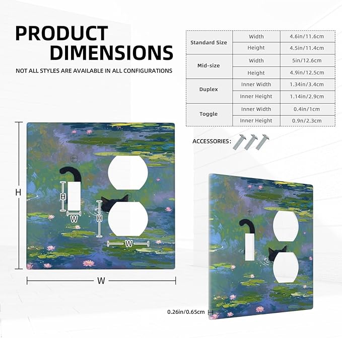 Outlet Covers Cute Black Cat Water Lily Pond Watercolor 2 Gang Decorative Switch Plates 1 Toggle Duplex Combo Light Switch Cover GFCI Socket Cover WallPlates for Kids Room Nursery Decor