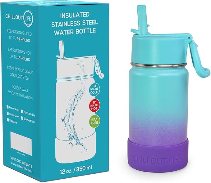 CHILLOUT LIFE 12 oz Kids Insulated Water Bottle for School with Straw Lid Leakproof and Cute Waterproof Stickers, Personalized Stainless Steel Thermos Flask Metal Water Bottle for Girls & Boys