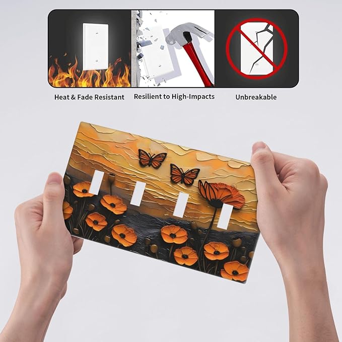 Oil Painting Flower Sunset Butterfly Vintage Rustic Floral Light Switch Covers Quad Toggle Electrical Faceplate 4 Gang Wall Plate Decorative Switch Plates Cover for Bedroom Living Room Decor
