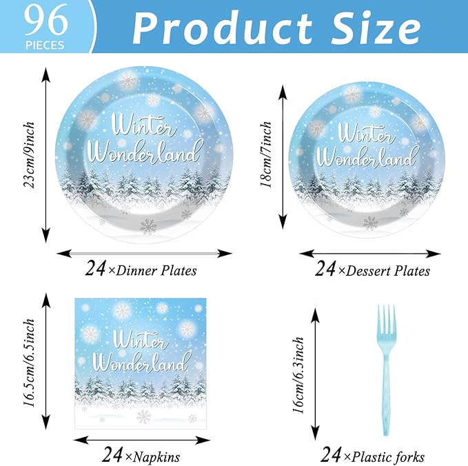 96Pcs Winter Snowflake Plates and Napkins for Winter Wonderland Party Supplies Snowflake Dessert Disposable Plates Holiday Christmas Party Tableware Set for 24 Guests Birthday Party Decorations