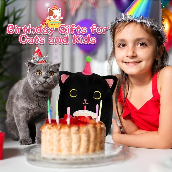 Black Cat Plush, 8 inch Happy Birthday Cat Stuffed Animal with Cake, Cute Plush Black Kitten Birthday Gift for Girls, Boys and Cats, Home Room Decoration