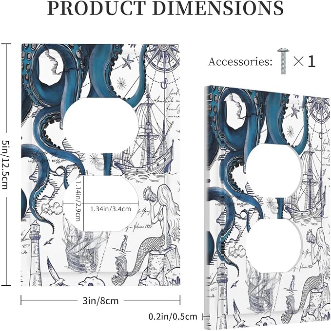Nautical Vintage Map Octopus Mermaid Lighthouse Boat Outlet Covers 1 Gang Duplex Light Switch Cover Decorative Switch Plates Electrical Receptacle Faceplate Wall Plate for Bathroom Kids Room Decor