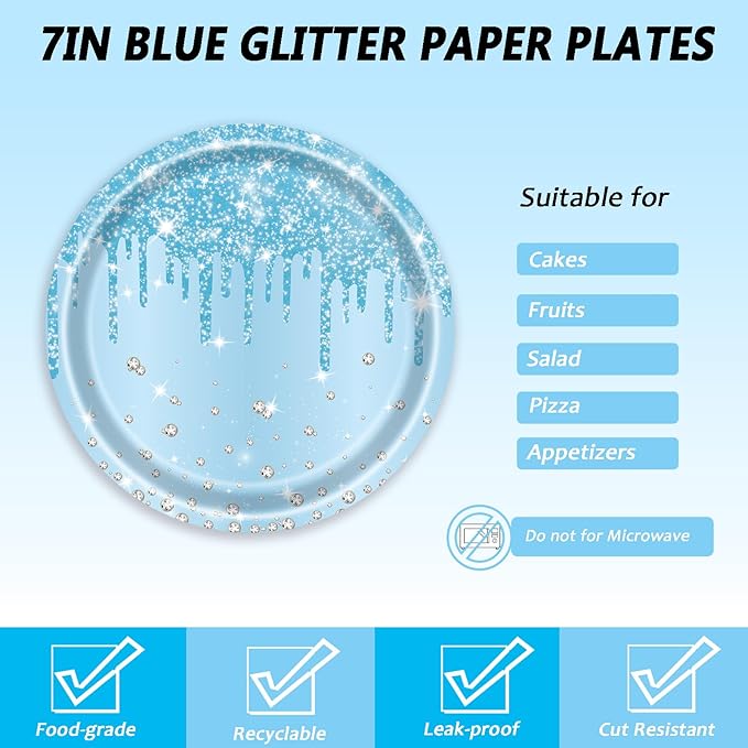 72 Pcs Blue Glitter Paper Plates 7in Disposable Paper Dessert Plates Napkins and Forks Party Tableware Set Decoration Supplies for Baby Shower, Christmas Blue Birthday Wedding Theme Party, Serve 24