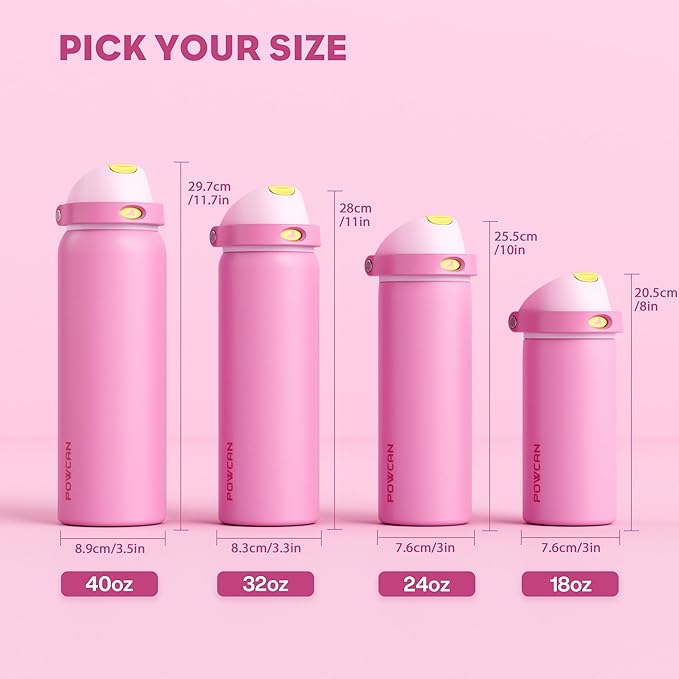 POWCAN 18 oz Steel Water Bottle: 2-in-1 Push-Button Spout & Quick-Flip Straw, Leakproof, Cold 24Hrs, Fits Car Cup Holder, Insulated Cup for Sports, Travel, School, Gift for Women, Girls (Rose Slumber)