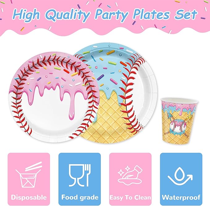 168PCS Ice Cream Drip Baseball Birthday Party Decorations & Favors - Serves 24 | Disposable Tableware: Baseball Plates, Napkins, Cups | Sports/Birthday Party Supplies