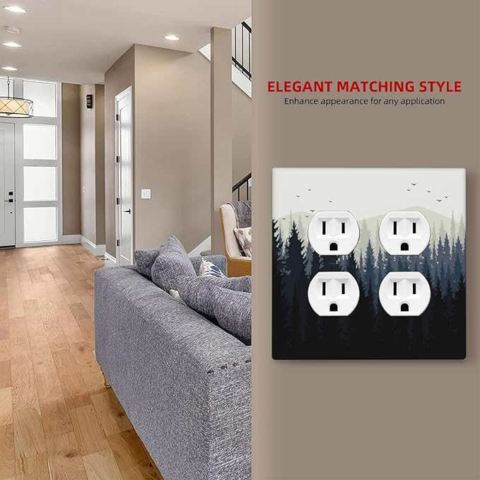 Outlet Covers Forest Pine Tree Mountains Black Bird 2 Gang Double Duplex Decorative Light Switch Covers Electrical Wallplates Socket Faceplate For Bed Room Farmhouse Decor