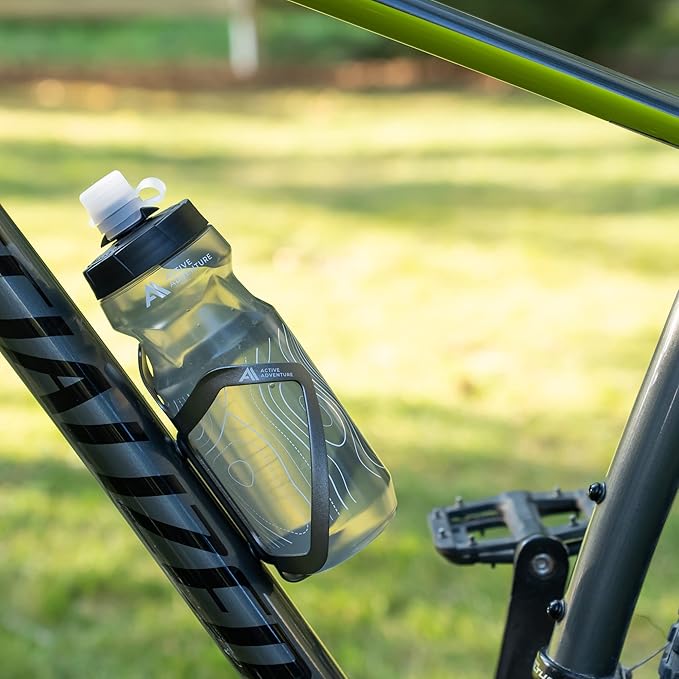 Bike Water Bottle Holder Combo - 20 Oz Squeeze Bottle & Bicycle Mount Cage Rack, No Screws Needed, Durable Alloy - Fits All Handlebar Bikes & MTB Mountain Road - for Adults, Kids (Gray)