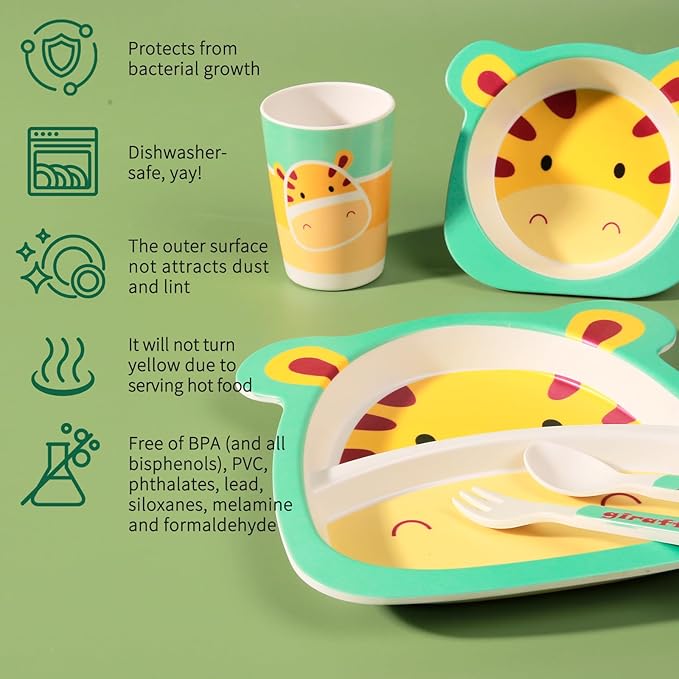 Kids Dinnerware Set, 5-Pieces Includes Divided Plate Bowl Cup Fork Spoon Utensils, BPA Free Bamboo Fiber Material Perfect for Boy and Girls (Giraffe)