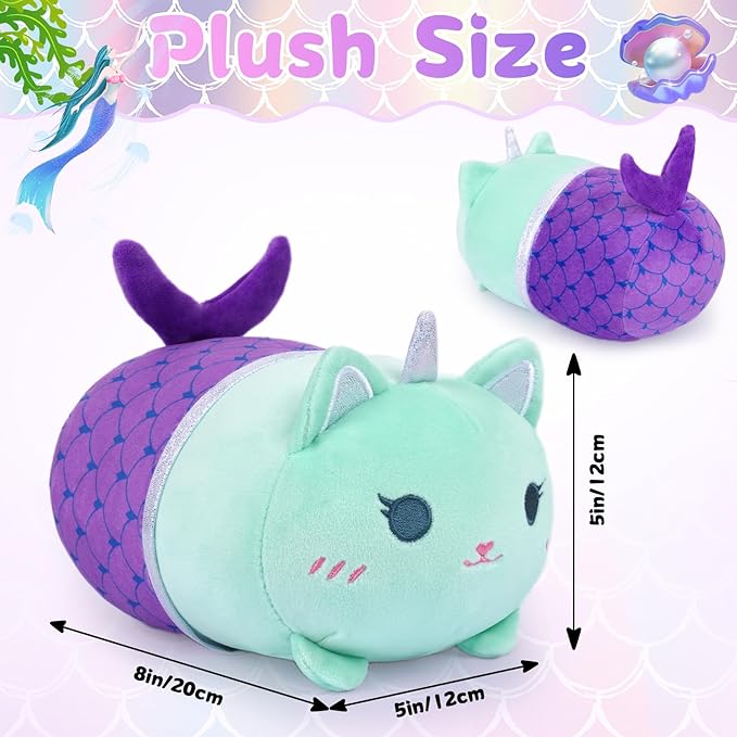 Mermaid Cat Stuffed Animal,8 inch Cute Cat Plush Mermaid Stuffed Animal Soft Cartoon Cat Plush Pillow, Kawaii Plush Toy for Kids Girls Boys Birthday