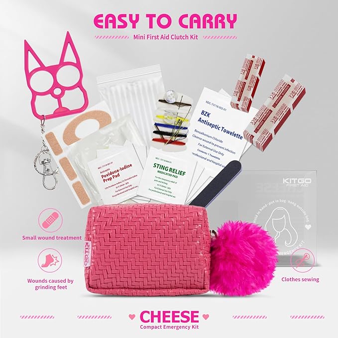 Kitgo Mini First Aid Emergency Clutch Kit -Mother Day Gift Compact Safety Pouch Party Bag with 27 Essential Items for Girl Lady Mother Wife Nurse for Girl Lady Mother Wife Nurse