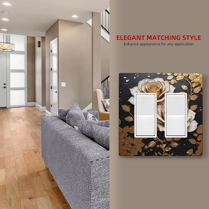 Decorative Outlet Covers Big Golden White Roses Glod Leaves Black Background 2 Gang Wall Plate Double Rocker Switch Light Switch Plate Covers Jumbo Dual Electrical GFCI Switch Cover