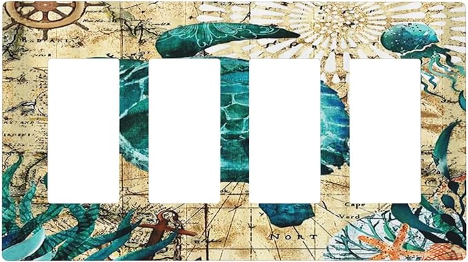 Nautical Ocean Map Tortoise Turtle 4 Gang Quad Rocker Light Switch Cover Plate Decorative Electric Faceplate Switchplate Living Room Bedroom Decorate Jumbo Screwless
