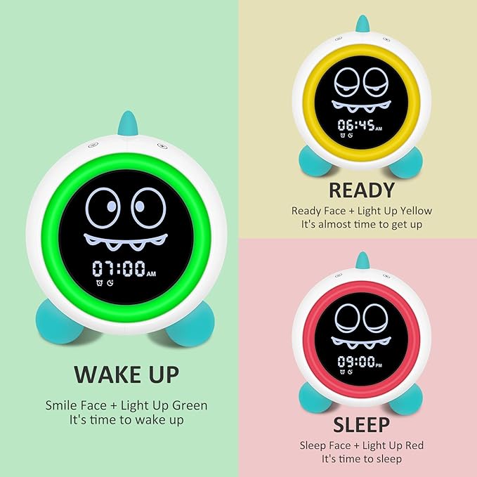 Kids Alarm Clock, Toddler Sleep Training Clock with Night Lights, Sound Machine, Time to Wake Dinosaur Alarm Clock for Children, Gift Ideas for Kids Toddler Boy Girl (Green)