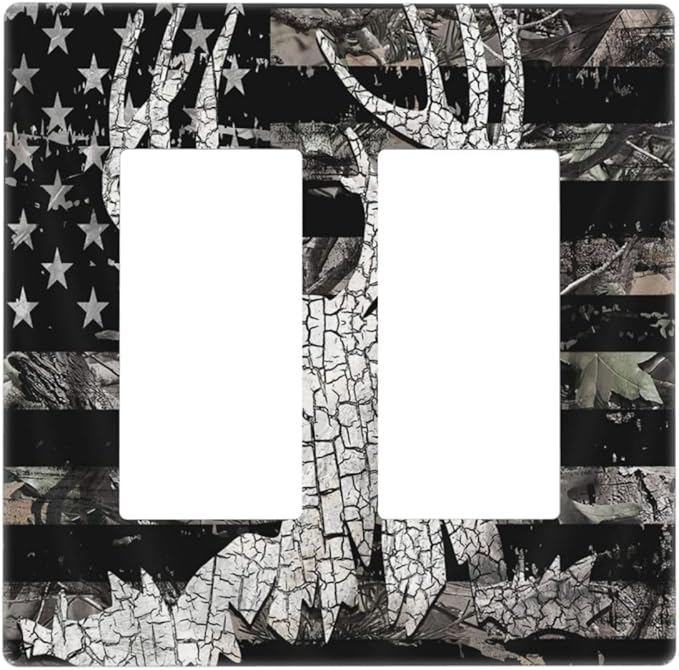 Rustic Hunting Forest Camo American Flag Deer Elk Moose Antlers Wildlife 2 Gang Electrical Decora/GFCI Device Wallplate Double Decorator Rocker Outlet Light Switch Cover Electrical Faceplate Dimmer