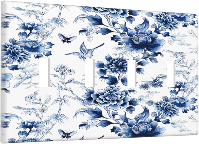 Blue Flower White Floral Plant Bird Butterfly Light Switch Covers Quad Toggle Electrical Faceplate 4 Gang Wall Plate Decorative Switch Plates Cover for Bedroom Living Room Decor