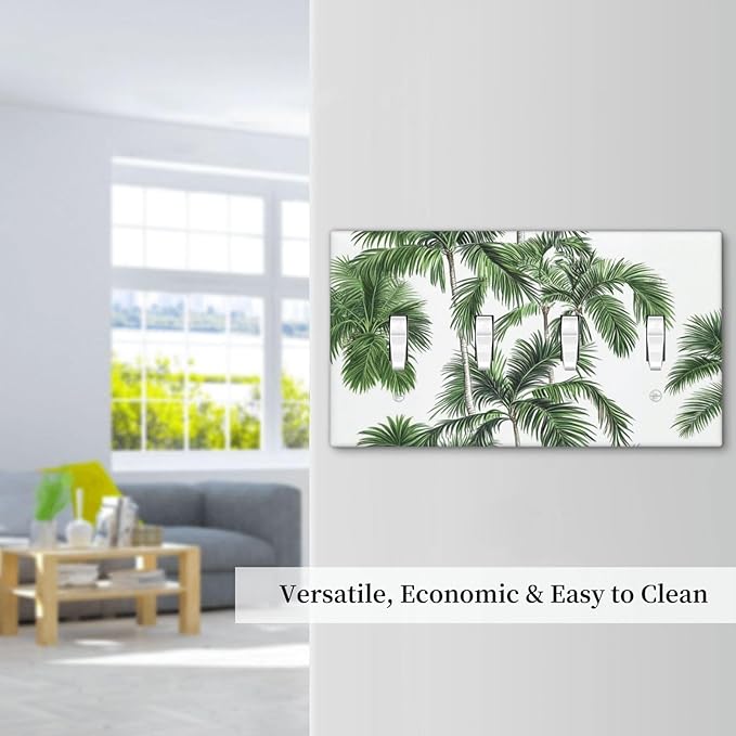 Light Switch Covers Palm Trees Tropical Green Plant Palm Leaf Quad Toggle Electrical Faceplate 4 Gang Wall Plate Decorative Switch Plates For Bed Room Bathroom Decor