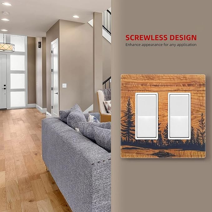 Country Pine Tree Forest Woodland Wood 2 Gang Double Rocker/Decorator Face Wall Plate Decorative Outlet Covers Vintage Farm Lodge on Orange Wooden Electrical GFCI Dimmer Light Switch Cover (Plastic)