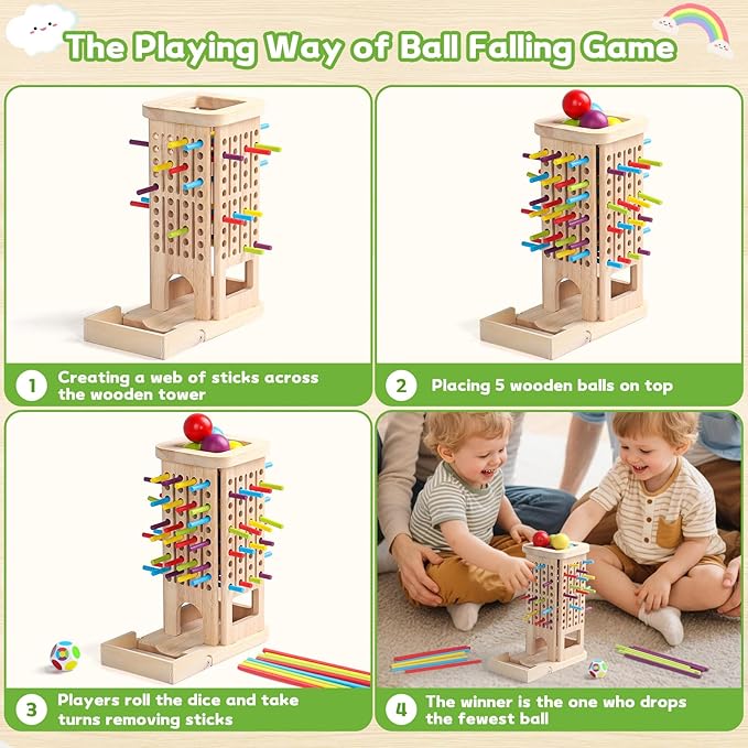 Montessori Toys for 3 Year Old Fine Motor Skills Toys for 5 Year Old Wooden Board Game Operation Games Educational Toys with Colorful Sticks, Dice & Stones, Family Game Gifts for Age 4 5 6 Boys Girls