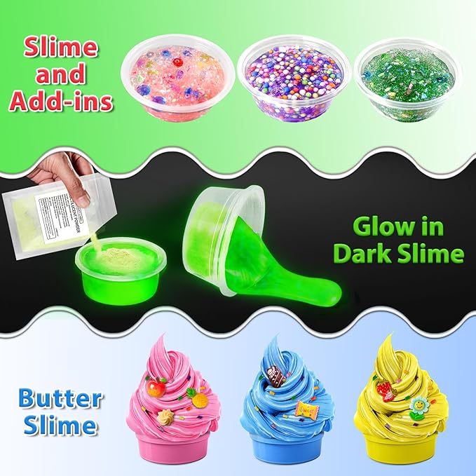 12 Cups DIY Slime Kit, Slime Making Kit for Girls, Crystal Clear, Glow in The Dark Slime with Add-ins, Foam Balls, Charms, Party Favors Gift Toys for Kids 3-12