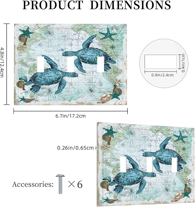 Decorative Switch Plates Nautical Green Sea Turtles Beach Blue Ocean 3 Gang Wall Plate Triple Toggle Light Switch Cover Faceplate Electrical Wall Panels For Bathroom Kids Room Decor