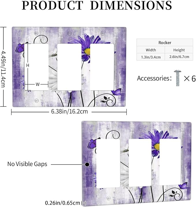 Decorative Outlet Covers Rustic Purple Daisy Butterfly Boho White Floral 3 Gang Wall Plate Cover Triple Rocker Decora Light Switch Covers Plate Jumbo Electrical GFCI Switch Plate Cover