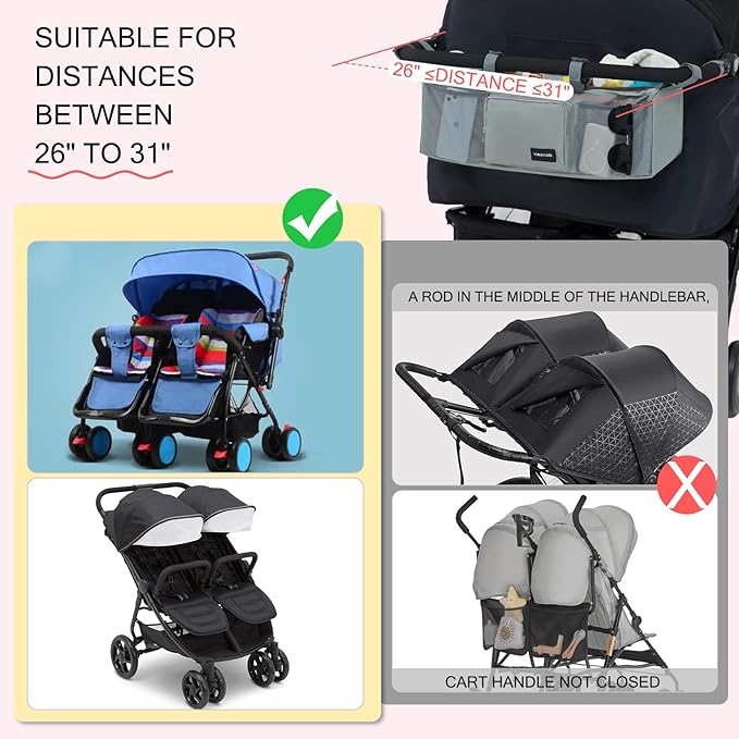 Double Stroller Organizer Universal with 2 Insulated Cup Holders & Cooler Bag, Large Storage Parent Console for Bob Duallie, Baby Jogger City Mini GT2