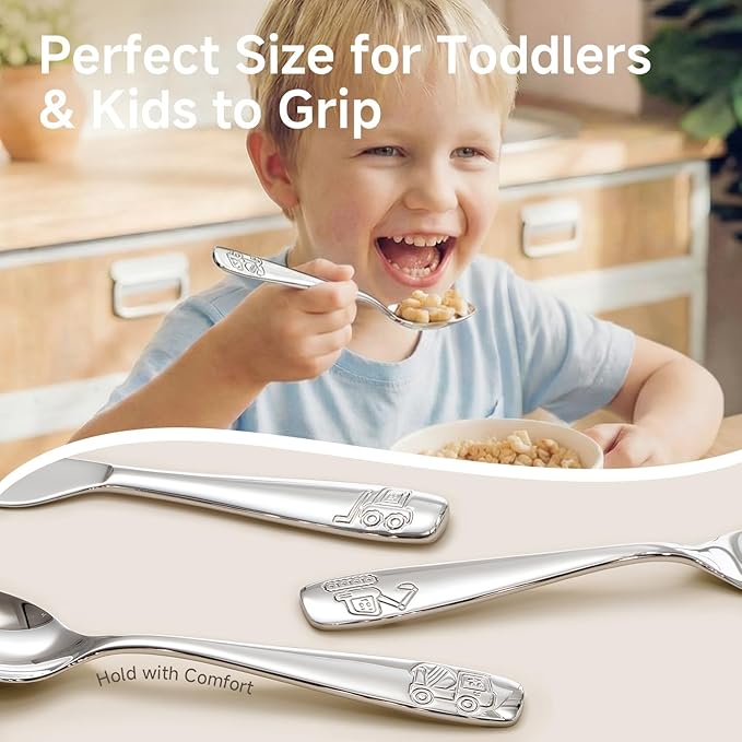 KINGSTONE Kids Silverware Set 3 Pieces, 18/10 Stainless Steel Fork, Spoon & Knife, Construction Vehicle, Digger & Dump Truck Kids Utensils, Food-Grade, Dishwasher Safe for Children Daily Use