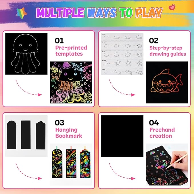 Funtopia 240 Sheets Rainbow Scratch Paper, Color Scratch Art for Kids Ages 4 5 6 7 8 9 10 Girls Boys, Art Crafts Party Favors Drawing Kits with Guide for School Classroom Travel Birthday Party Gifts