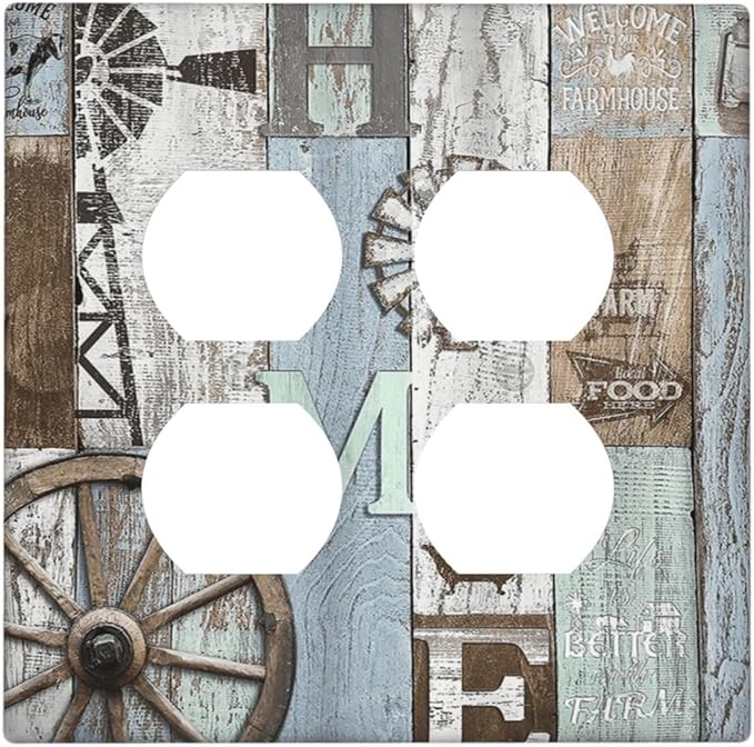 Rustic Western Barn Door Vintage Windmill Outlet Covers 2 Gang Double Duplex Decorative Light Switch Covers Electrical Wallplates Socket Faceplate for Farmhouse Home Decor