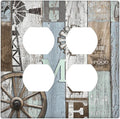 Rustic Western Barn Door Vintage Windmill Outlet Covers 2 Gang Double Duplex Decorative Light Switch Covers Electrical Wallplates Socket Faceplate for Farmhouse Home Decor