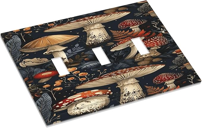 Decorative Light Switch Cover Plate Vintage Mushroom Floral 3 Gang Wall Plate Triple Toggle Switch Plate Covers Electrical Outlet Cover for Bedroom Kids room Decor