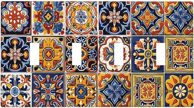Mexican Talavera Tiles Flower Vintage Light Switch Covers Quad Toggle Electrical Faceplate 4 Gang Wall Plate Decorative Switch Plates Cover for Kitchen Bathroom Decor