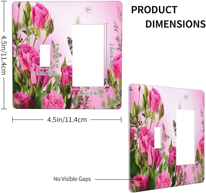 Pink Rose 2 Gang Single Toggle/Rocker Combination Light Switch Cover Decorative Wall Plate Faceplate Floral Butterfly Boys Kids Teen Girl Bedroom Room Decorate 4.5" x 4.5