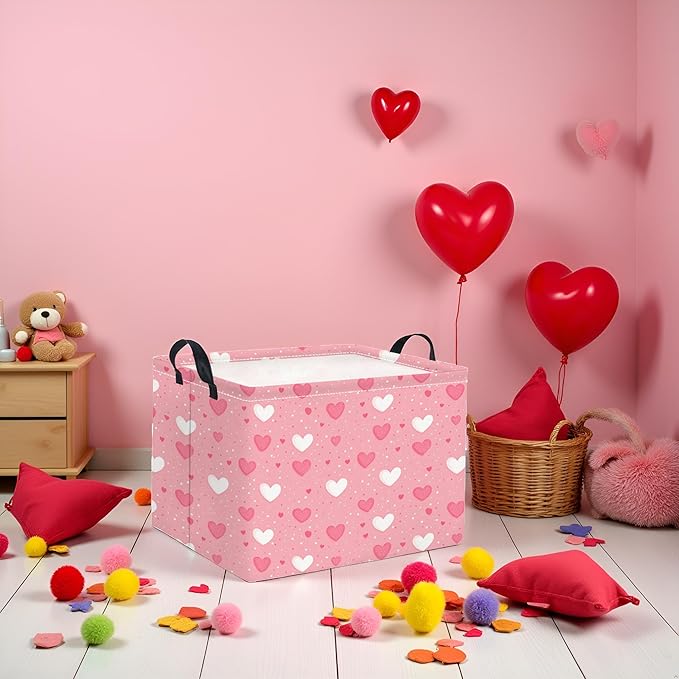 HIYAGON Rectangular Valentines Basket Baby Girl Storage Bin Pink Basket Organizer Box Heart Room Decor(Pink Hearts)