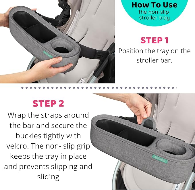 Universal Stroller Tray with Insulated Sippy Cup Holder - Upgraded Rigid Frame Stays Upright - Exclusive Non Slip Straps Firmly Grip Stroller Bar. Universal Stroller Snack Tray Attachment Grey