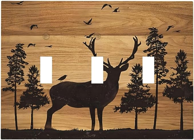 Elk Moose Forest Hunting Pyrography Art Wood Texture Print Decorative Switch Plates 3 Gang Wall Plate Triple Toggle Light Switch Cover Faceplate Electrical Wall Panels for Farmhouse Bedroom Decor
