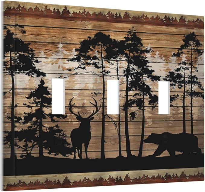 Hunting Forest Deer Bear 3 Gang Light Switch Cover Decorative Triple Toggle Wall Plate Electrical Faceplate Switch Plug Face Plate