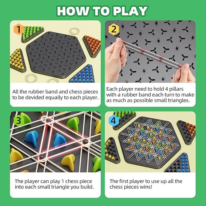 Chain Triangle Chess Game, Strategy Board Games for Kid 6-8-12, Chess Board Games for Adults, Family Games for Kids Adults, Triangle Rubber Band Game, 2 to 4 Players, Kids Christmas Birthday Gifts