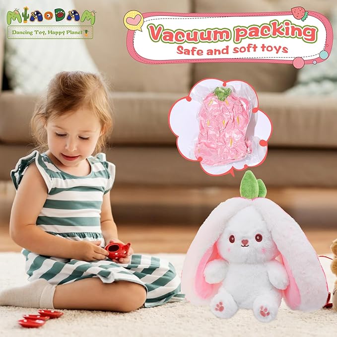 MIAODAM Easter Bunny Stuffed Animal, Carrot and Strawberry Bunny Plush Turn Into Rabbit Fruit Doll, Plushies Funny Bunny Toy for Girls (Strawberry Rabbit, 10inch)