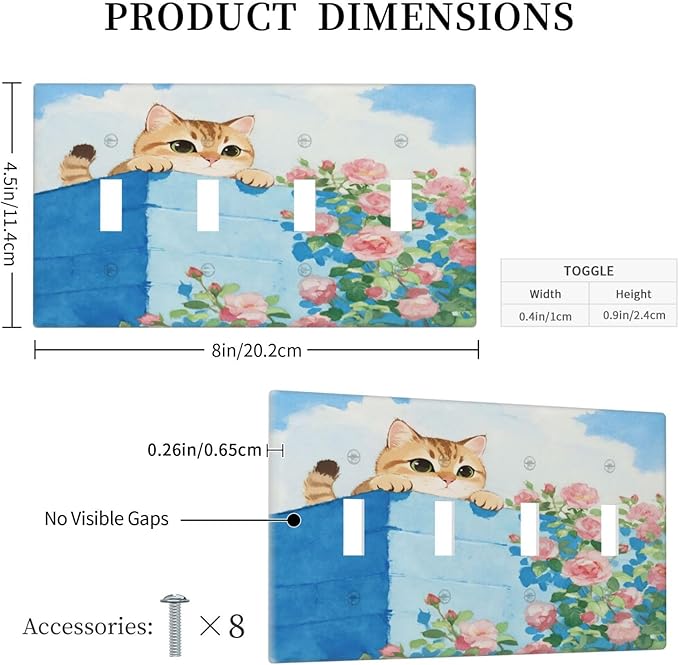 Cat Flower Quad Toggle Wall Plate Decorative 4 Gang Light Switch Covers Electrical Switchplate Home Decorate Faceplat for Bathroom Bedroom Kitchen Room 4.5 x 8 Inch