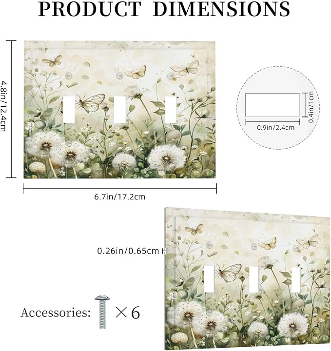 Light Switch Cover Plate Watercolor Butterflies Dandelions Wildflowers 3 Gang Triple Toggle Decorative Switch Plates Wall Plates Electrical Switchplate Faceplate for Bathroom Bedroom Decor