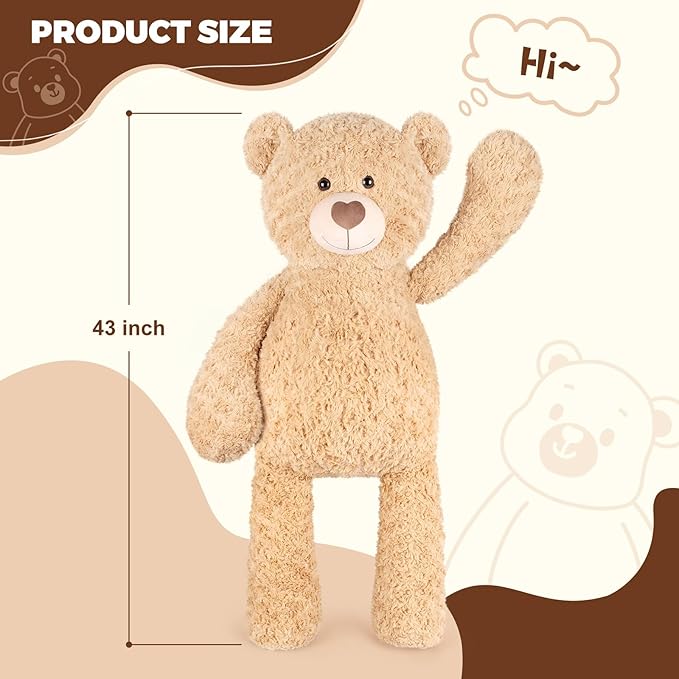 SuzziPals 43 inch Giant Teddy Bear Stuffed Animal, Lifelike Stuffed Animals for Stress Relief & Companion, Extra Soft Fluffy Big Plushies Hugging Pillow, Jumbo Teddy Bears Gifts for Kids Adults