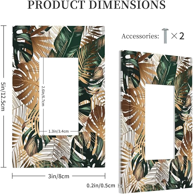 Green Tropical Leaves Gold Palm Leaf Botanical 1 Gang Rocker Light Switch Covers Decorative Unique Single Decora Outlet Wall Plate Faceplate Switchplate GFCI for Bedroom Bathroom Decor